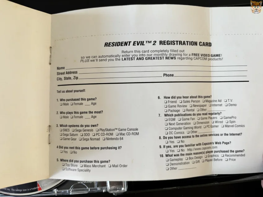 Tarjeta de registro del videojuego Resident Evil 2 para la consola Playsation 1