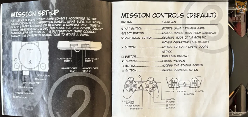 Página interior del manual del videojuego Resident Evil 2 para la consola Playsation 1 con información de los controles